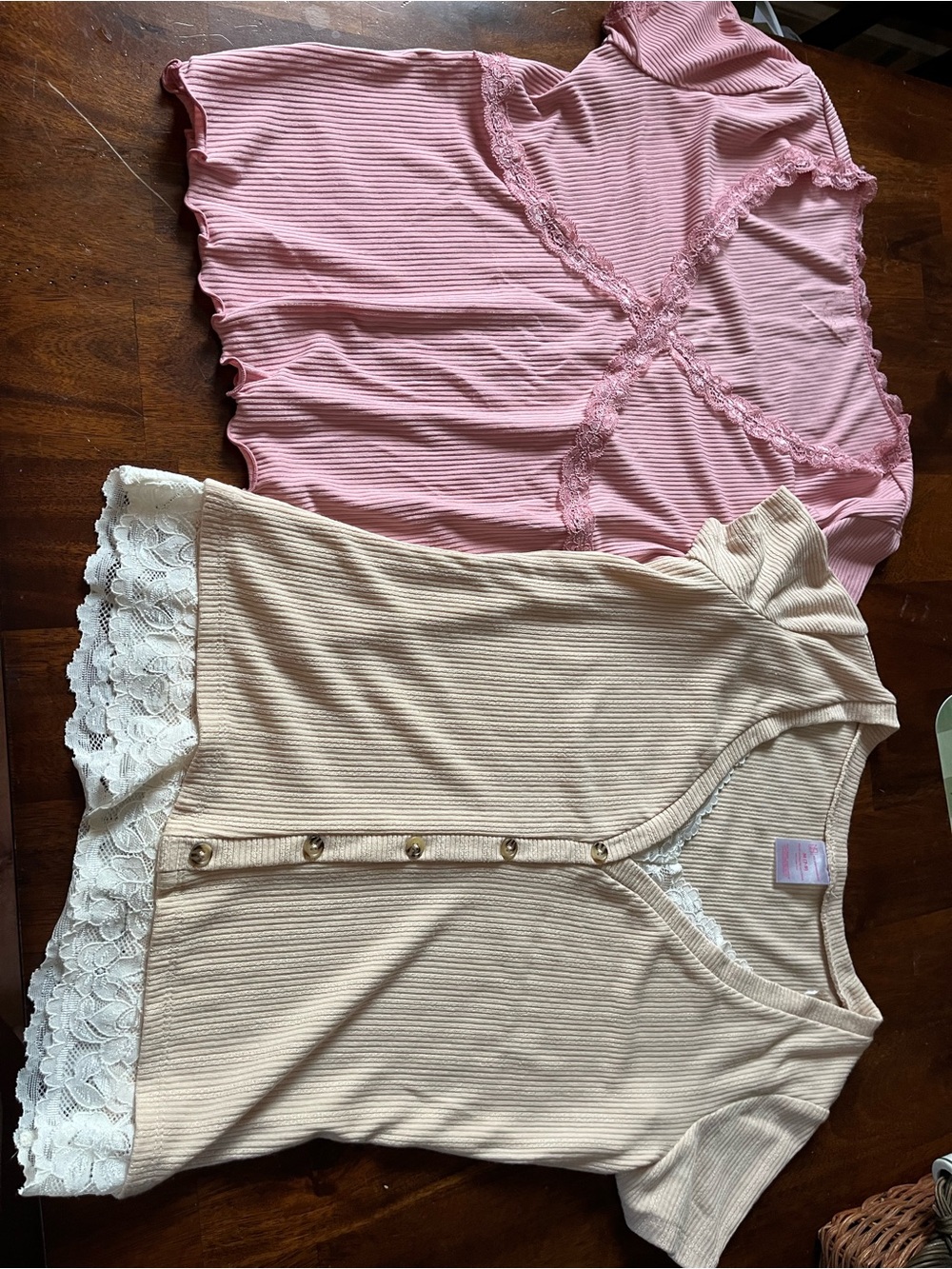 No Boundaries Pink Ribbed Tank with Cream Lace Trim